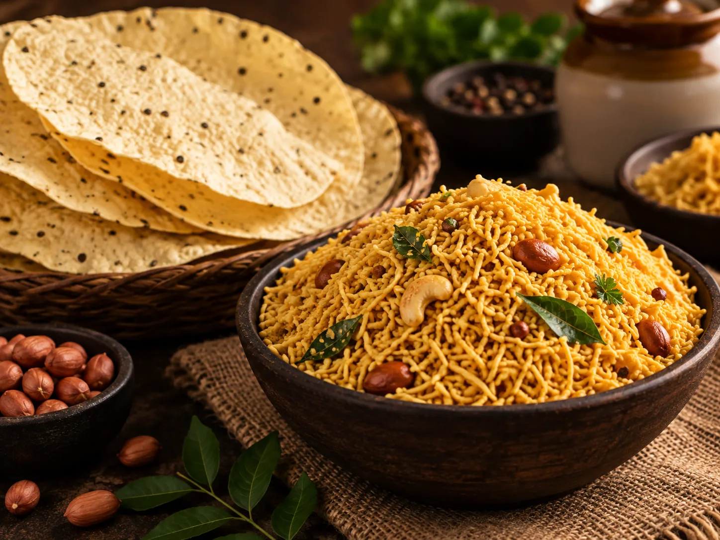 Bhujia and papad set out for the table