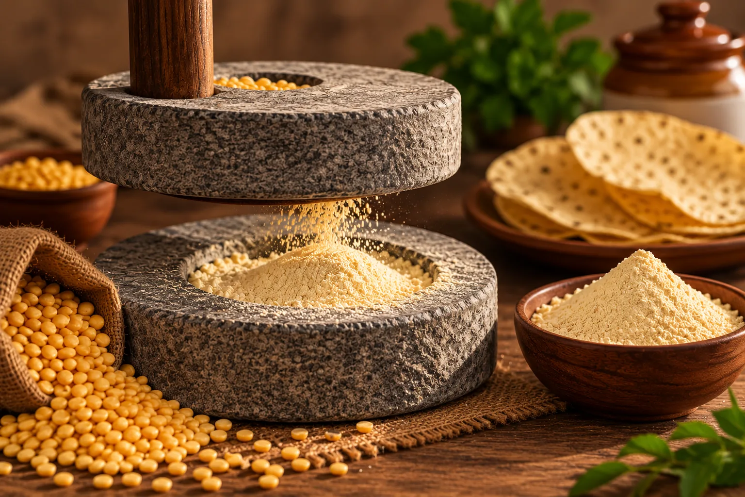 Dal ground down to flour between the stones of a hand mill