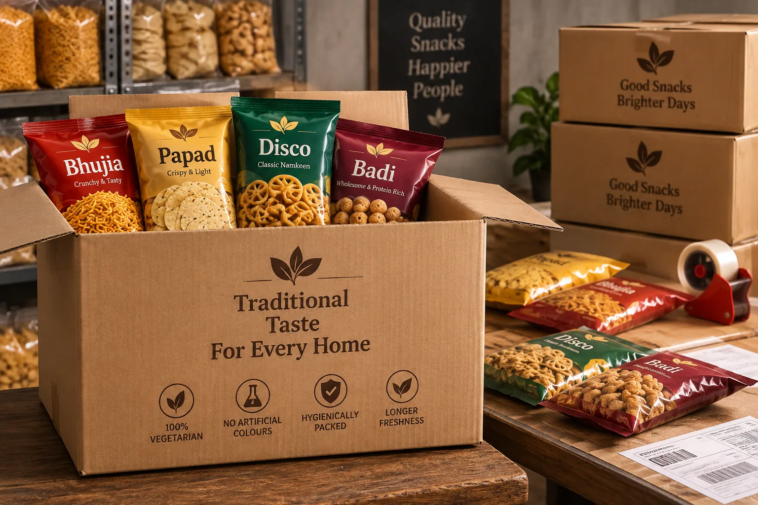 Retail pouches packed into a carton, shipping label and tape at hand