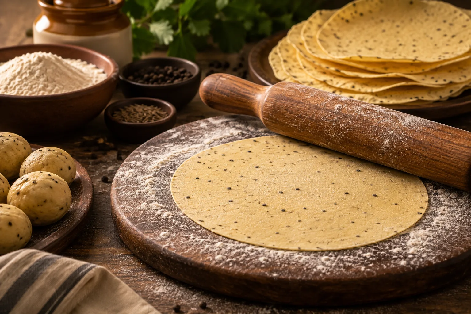 A papad round rolled out on a floured board, dough balls waiting beside it