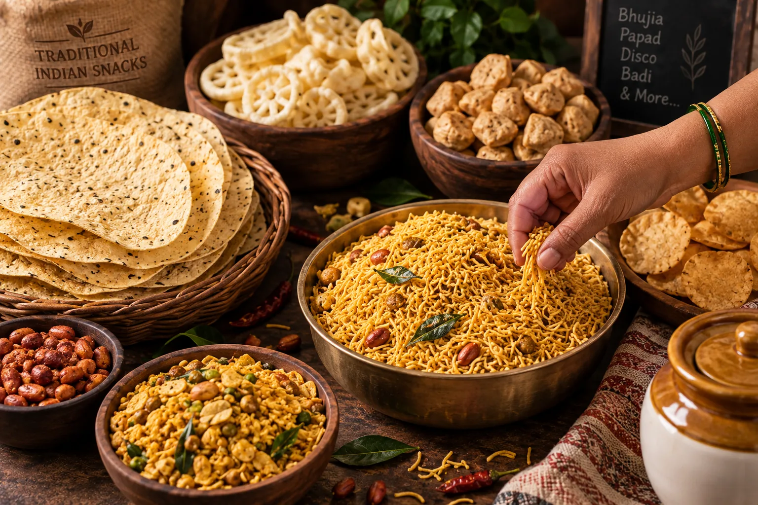 Finished papad, disco, badi and bhujia set out side by side