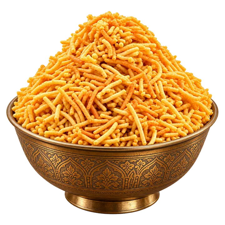 Bikaneri bhujia heaped in a bowl