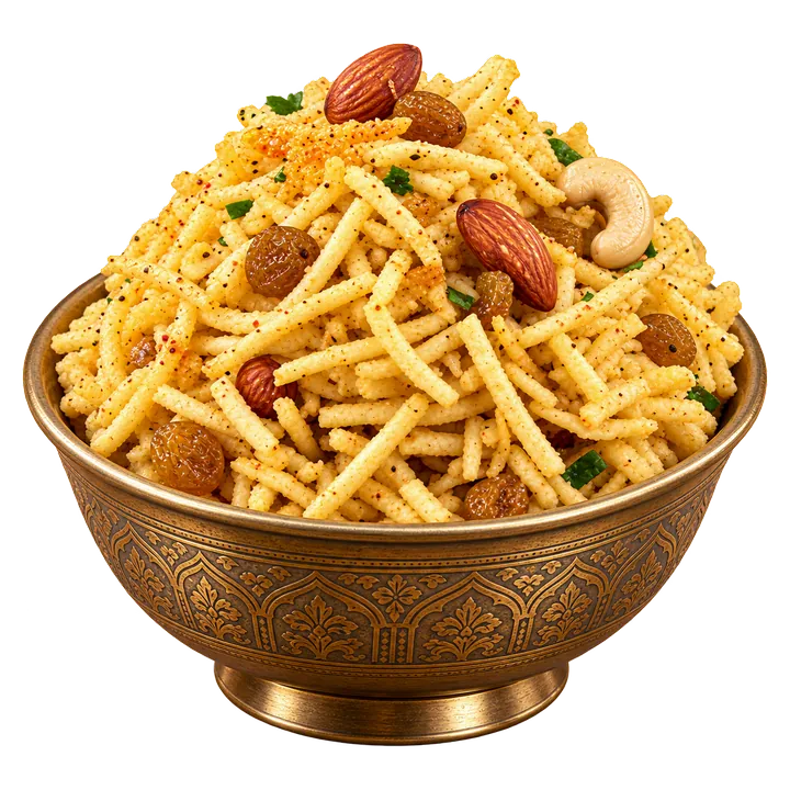 Falhari chivda mix in a glass bowl