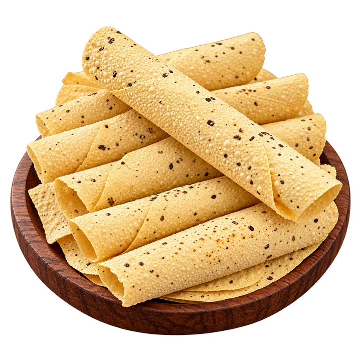 Rolled papad packed upright in a cane basket